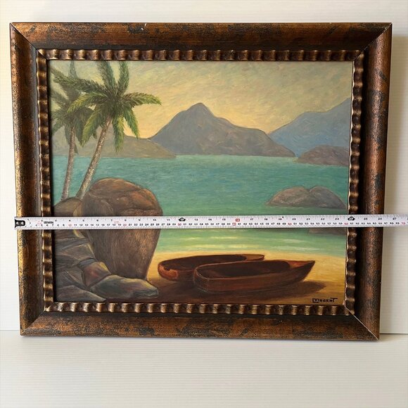 Vintage Original Tropical Seascape Oil Painting Beach Island Canoe Palms Signed - Picture 8 of 10